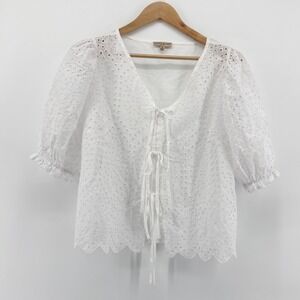 Hester & Orchard White Eyelet Cotton Puff Sleeve Tie Front Boho Blouse Medium